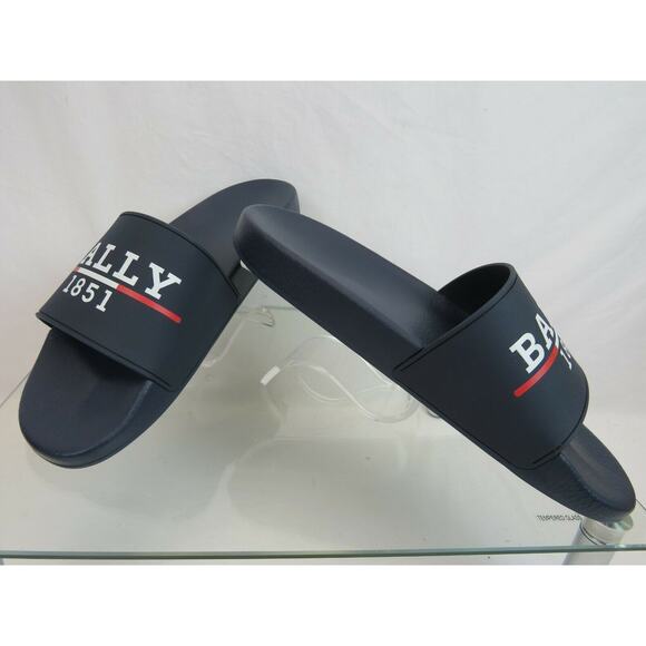 NIB BALLY SAMUEL INK NAVY RUBBER WHITE LETTERING LOGO SANDALS SLIDES 9 D ITALY main image 6